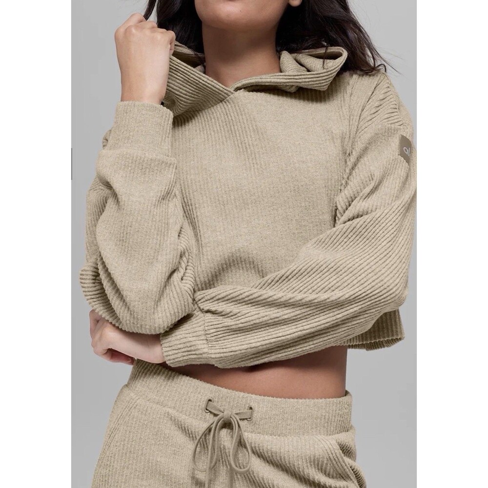 Alo Yoga Muse Ribbed Knit Set Gravel Size Medium Hoodie And Pants Excellent N